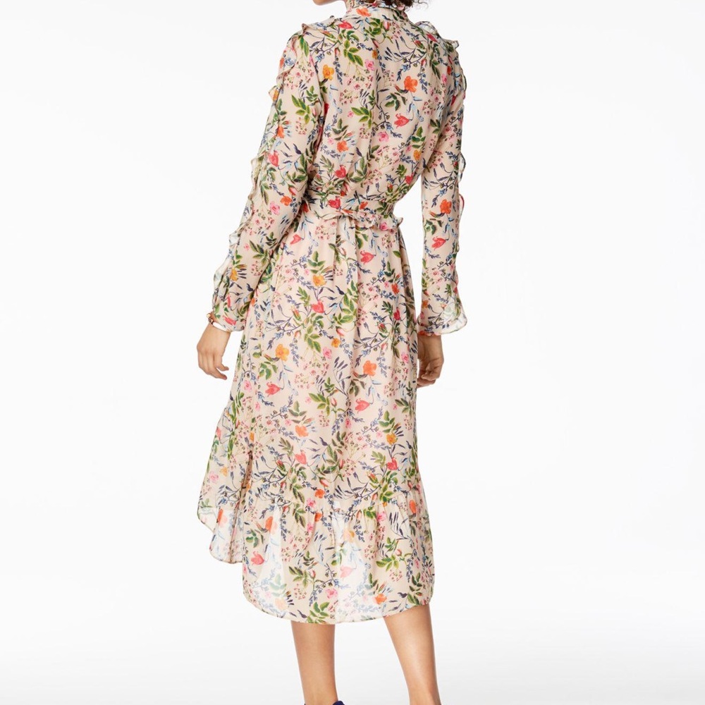 Pink Floral Print Ruffled Midi Dress